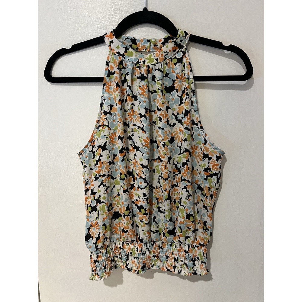 Sienna Sky Women's Size Small White Floral Sleeveless High Neck Blouse
